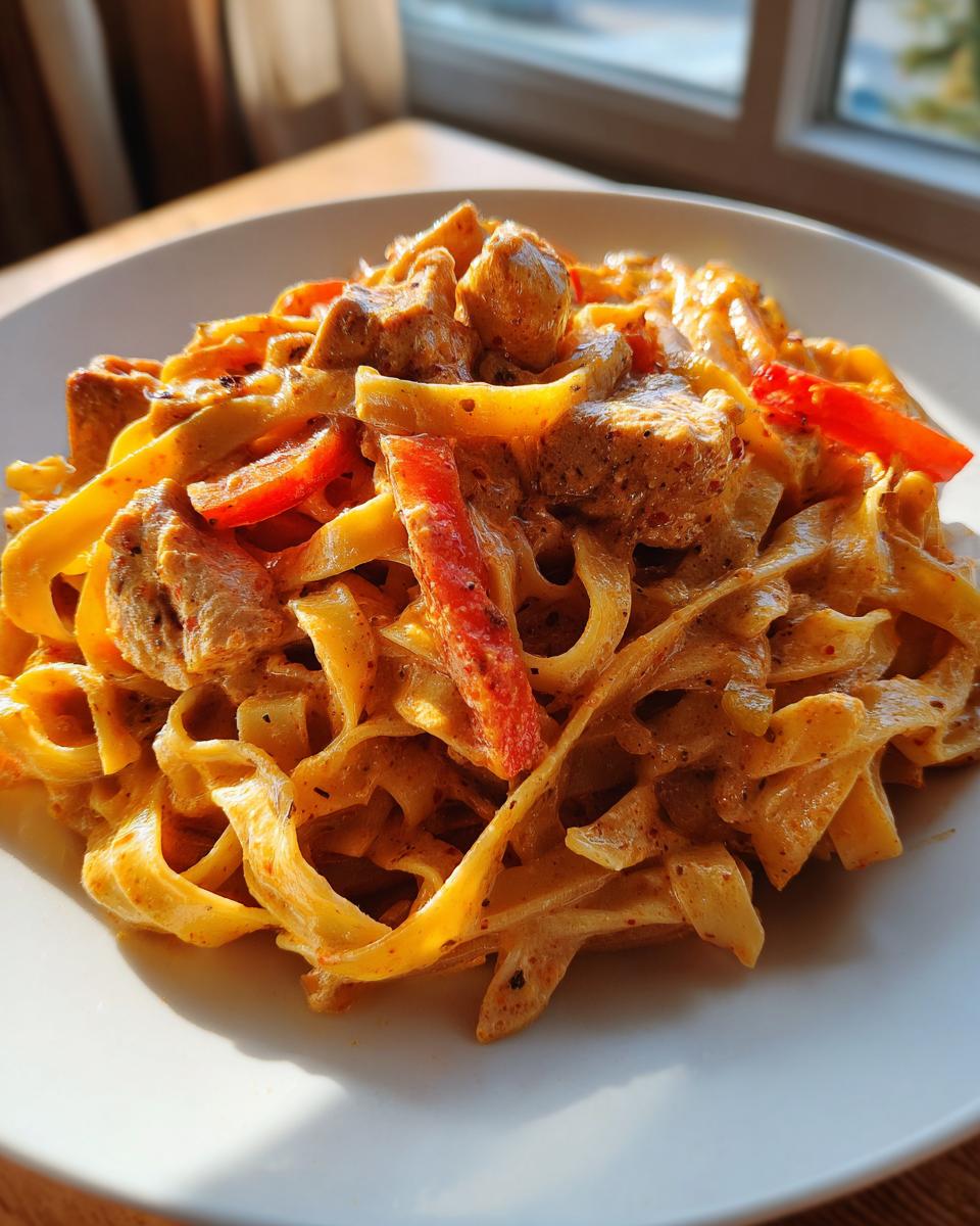 A close-up shot of creamy cajun chicken pasta featuring fettuccine noodles, seasoned chicken chunks, and red bell peppers.