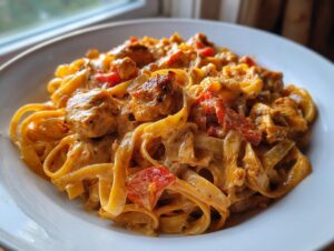A close-up of rich, creamy cajun chicken pasta featuring fettuccine noodles, seasoned chicken chunks, and red peppers.
