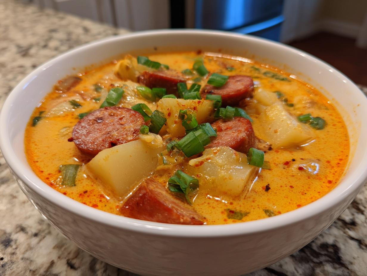 A close-up of creamy, orange-hued cajun potato soup loaded with chunks of potato and sliced smoked sausage, topped with green onions.