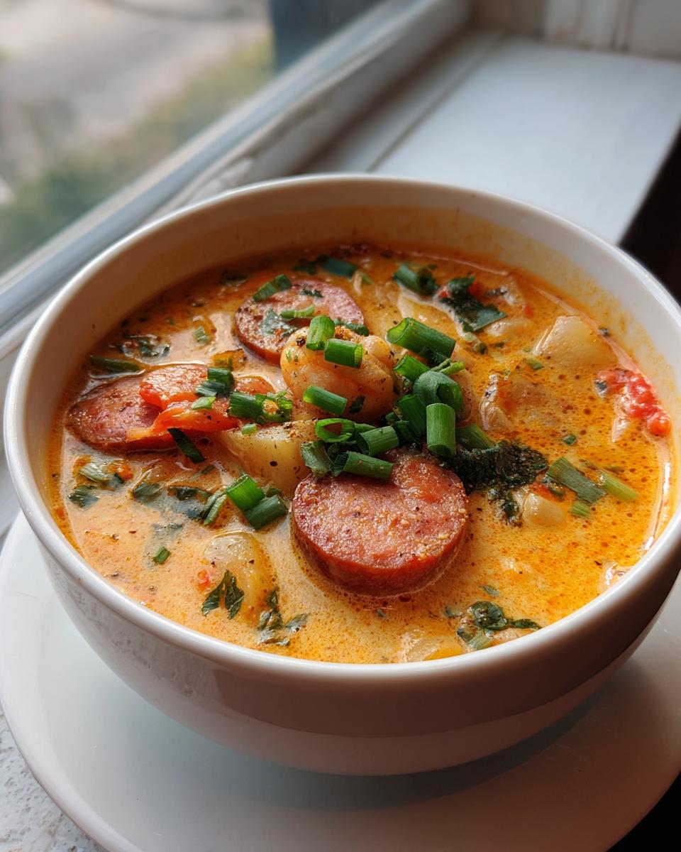 A close-up of creamy cajun potato soup served in a white bowl, topped with sliced andouille sausage, shrimp, and green onions.