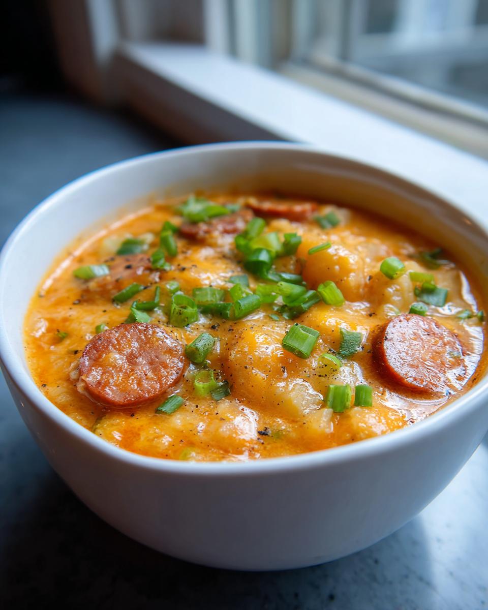 A close-up of creamy, orange-hued cajun potato soup topped with sliced sausage and fresh green onions.