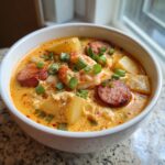 A close-up of a creamy bowl of cajun potato soup featuring chunks of potato, sliced andouille sausage, and shrimp, topped with green onions.