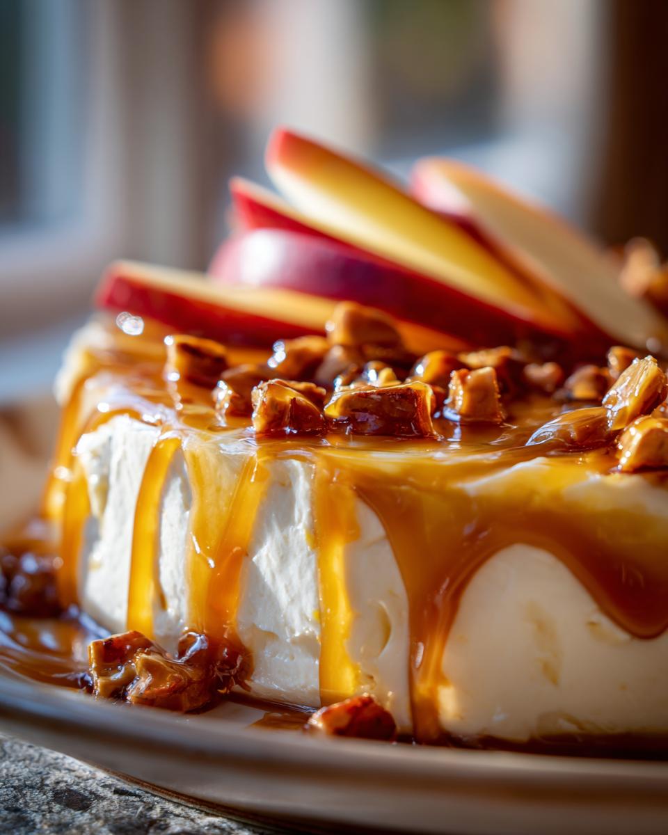 Close-up of a creamy apple dip topped with thick caramel sauce, chopped nuts, and fresh apple slices.