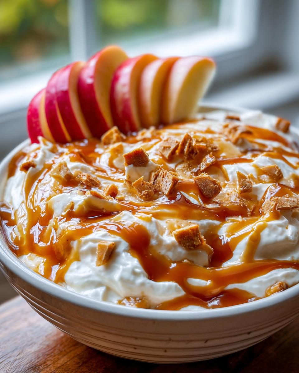Close-up of a creamy apple dip topped with caramel sauce and toffee bits, garnished with sliced red apples.