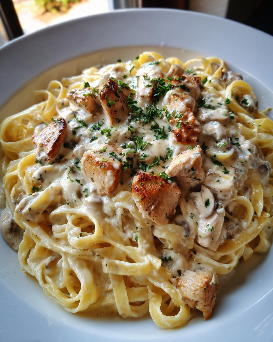 A close-up of creamy chicken alfredo pasta featuring fettuccine noodles, seared chicken chunks, and mushrooms, topped with parsley.