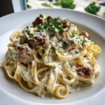 Close-up of creamy fettuccine pasta topped with seasoned chicken pieces and fresh parsley for amazing chicken alfredo.