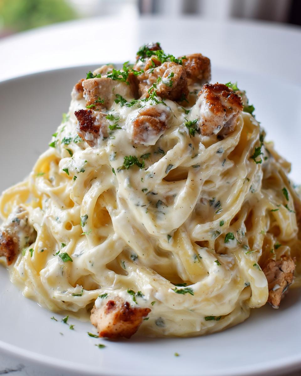 Close-up of fettuccine pasta coated in rich white sauce, topped with seared chicken pieces and fresh parsley for chicken alfredo.