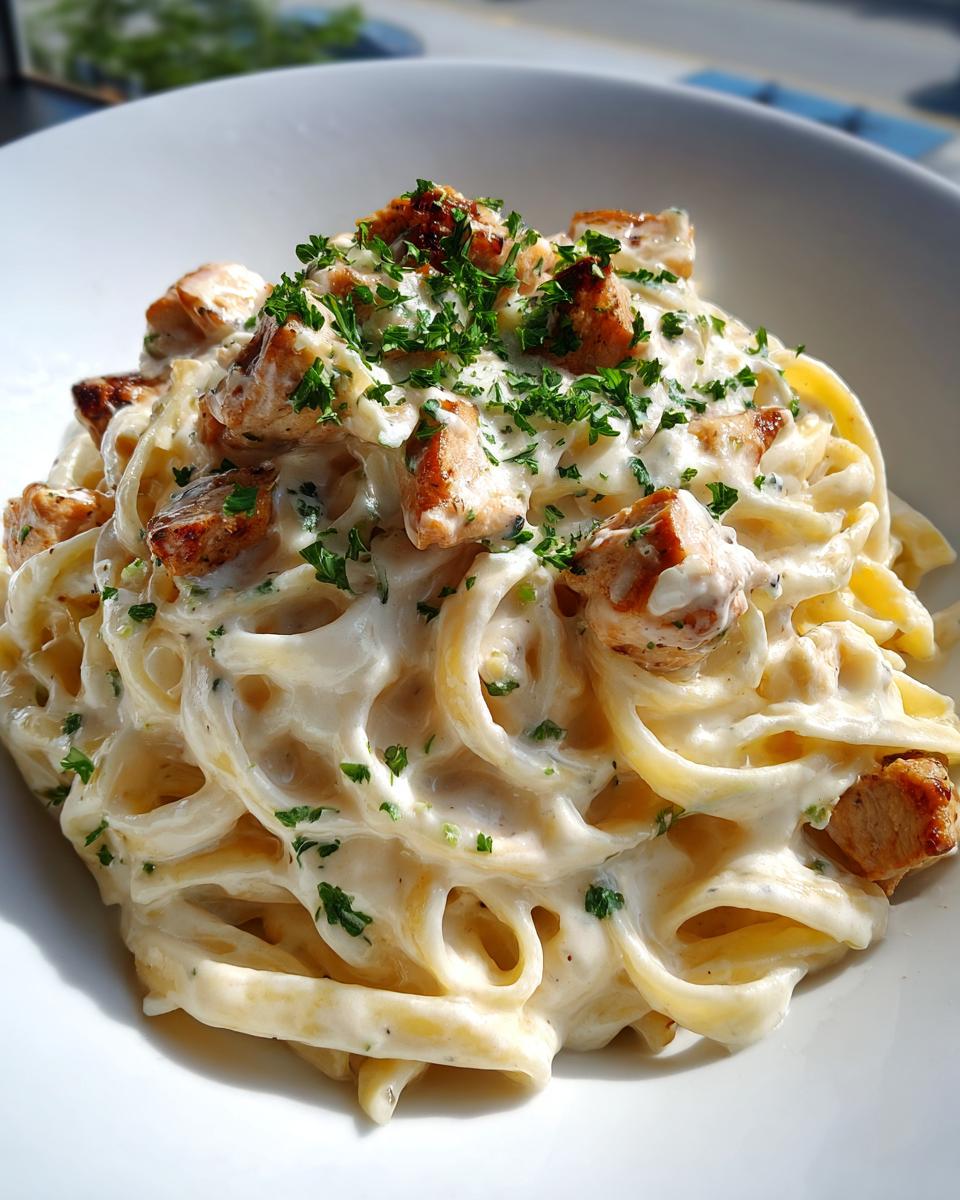 Close-up of creamy fettuccine chicken alfredo pasta topped with seared chicken pieces and fresh parsley.