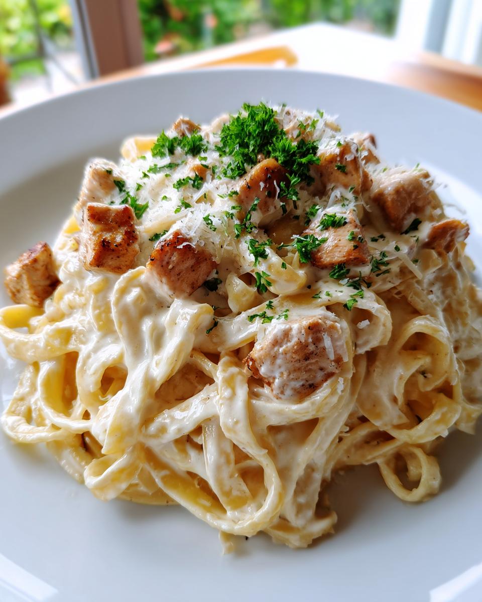 Close-up of creamy fettuccine pasta topped with seasoned chicken pieces, Parmesan cheese, and fresh parsley, ready to eat chicken alfredo.