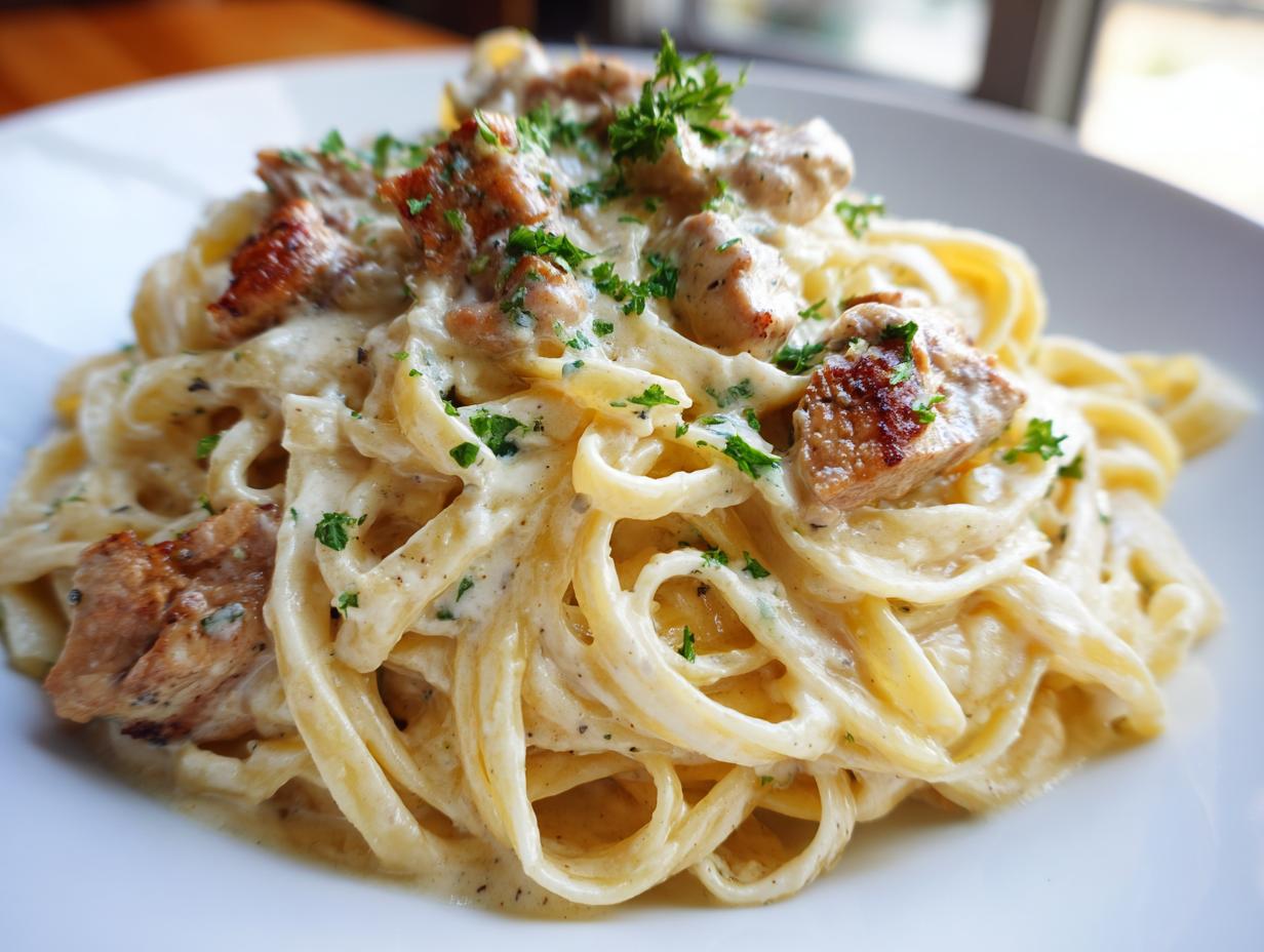 Close-up of creamy fettuccine pasta topped with seared chicken pieces and fresh parsley, featuring rich chicken alfredo sauce.