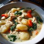 Close-up of a bowl of creamy chicken gnocchi soup, featuring soft gnocchi, shredded chicken, spinach, and carrots.