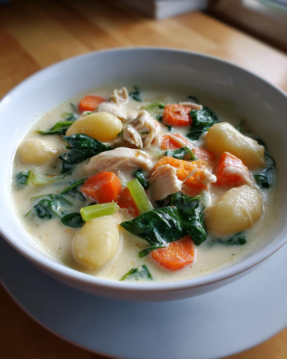 Close-up of a hearty bowl of creamy chicken gnocchi soup with carrots and spinach.