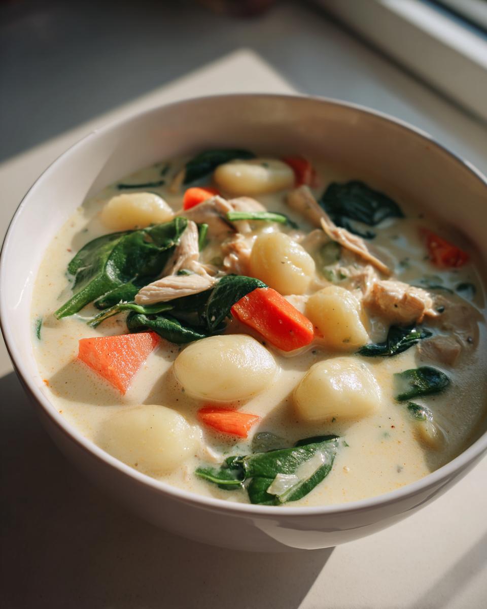 Close-up of a bowl of creamy chicken gnocchi soup featuring soft gnocchi, shredded chicken, bright spinach, and orange carrots.