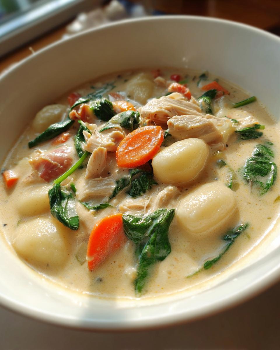 Close-up of a bowl of creamy chicken gnocchi soup featuring tender gnocchi, shredded chicken, carrots, and spinach.