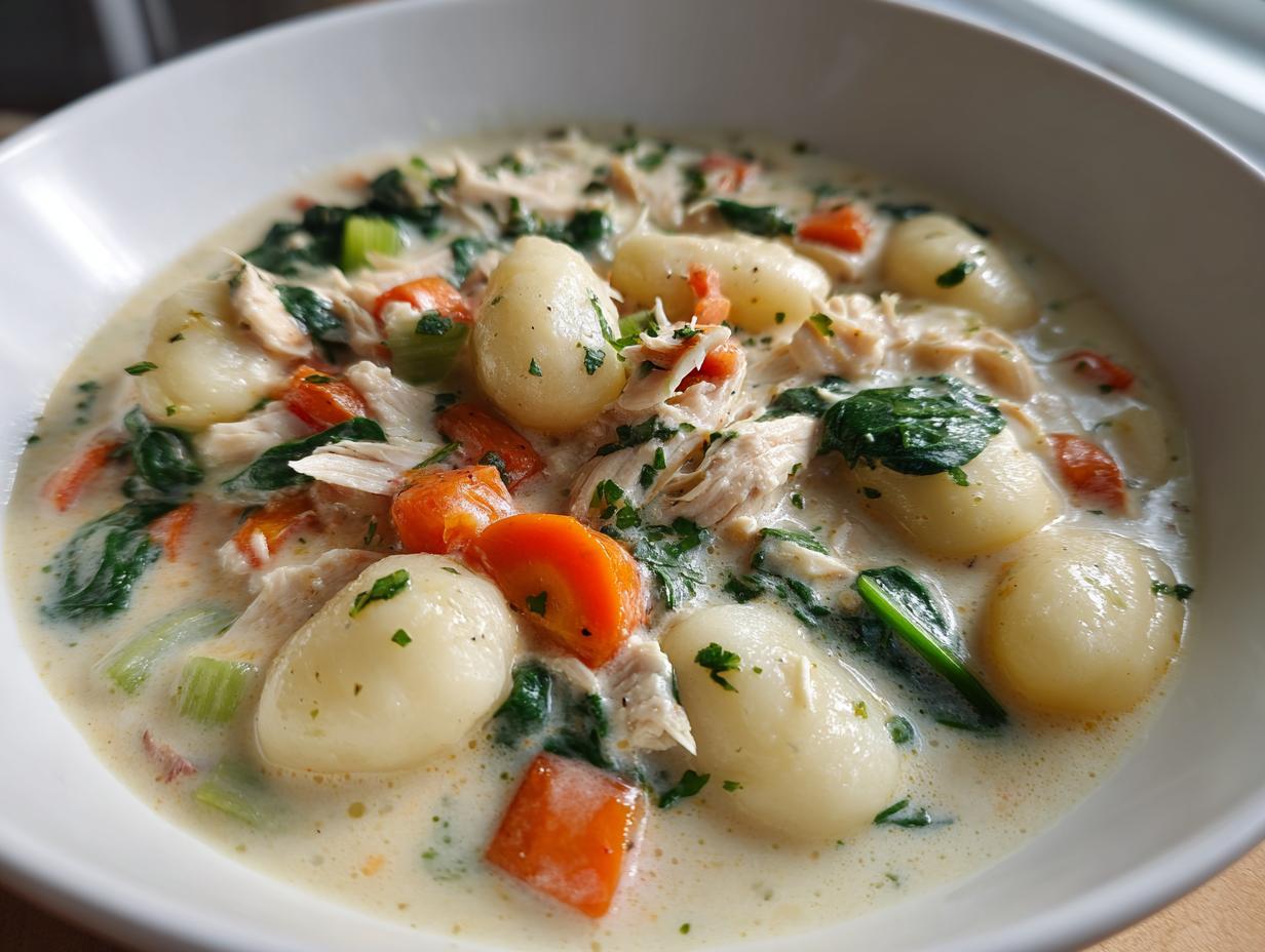 Close-up of a bowl of creamy chicken gnocchi soup featuring plump gnocchi, shredded chicken, carrots, and spinach.
