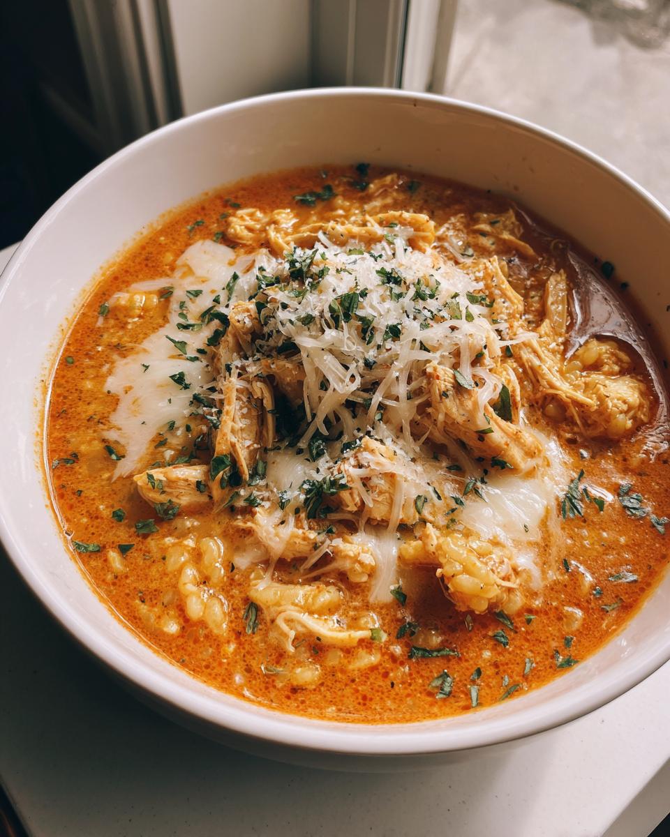 Close-up of a bowl of creamy chicken parmesan soup with shredded chicken, melted mozzarella, and grated parmesan.