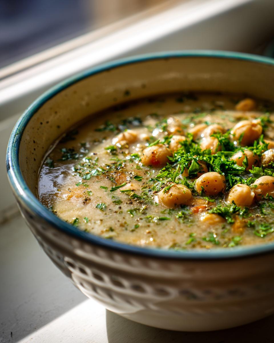 Close-up of a creamy bowl of chickpea soup topped with whole chickpeas and fresh parsley.