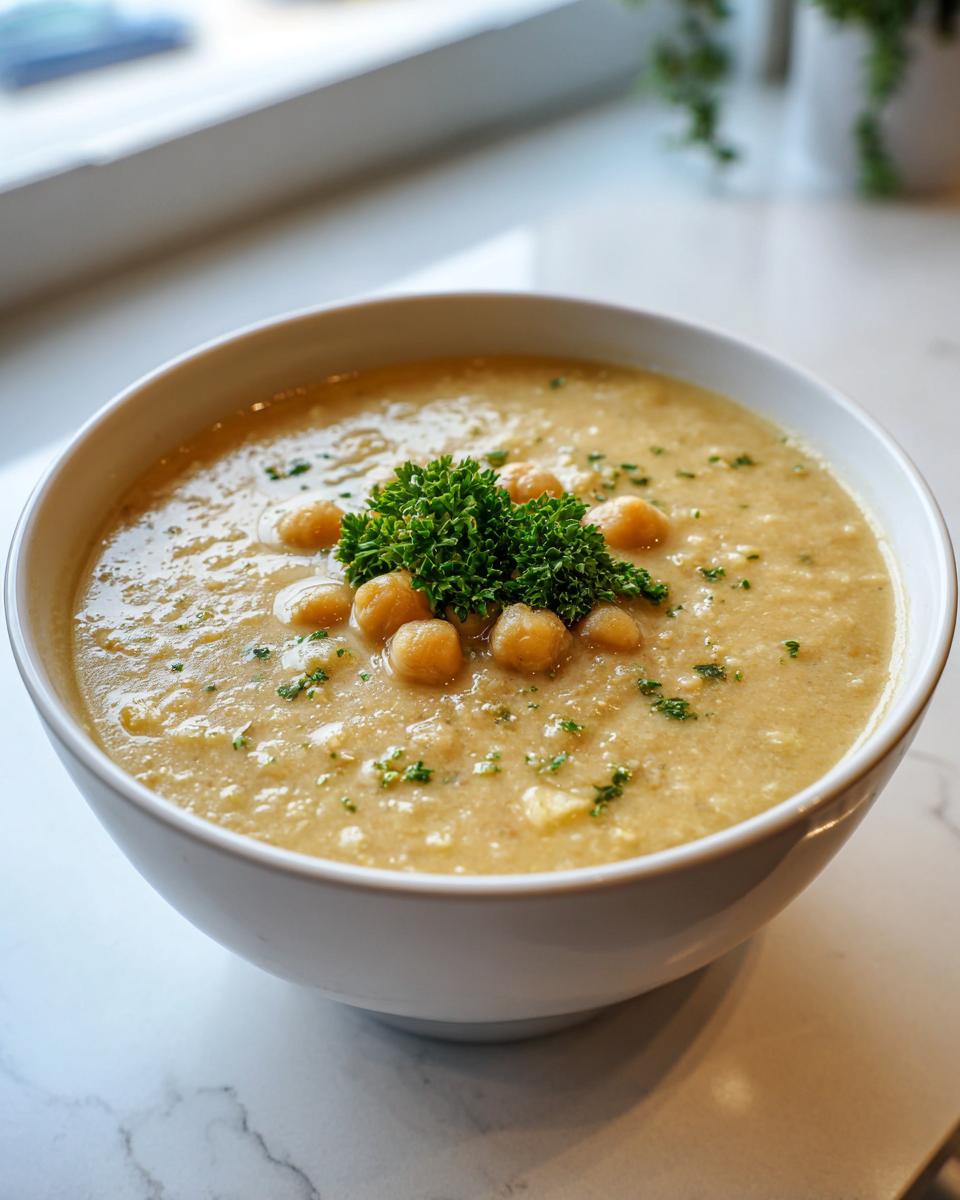 A close-up of a creamy, golden chickpea soup garnished with whole chickpeas and fresh parsley.