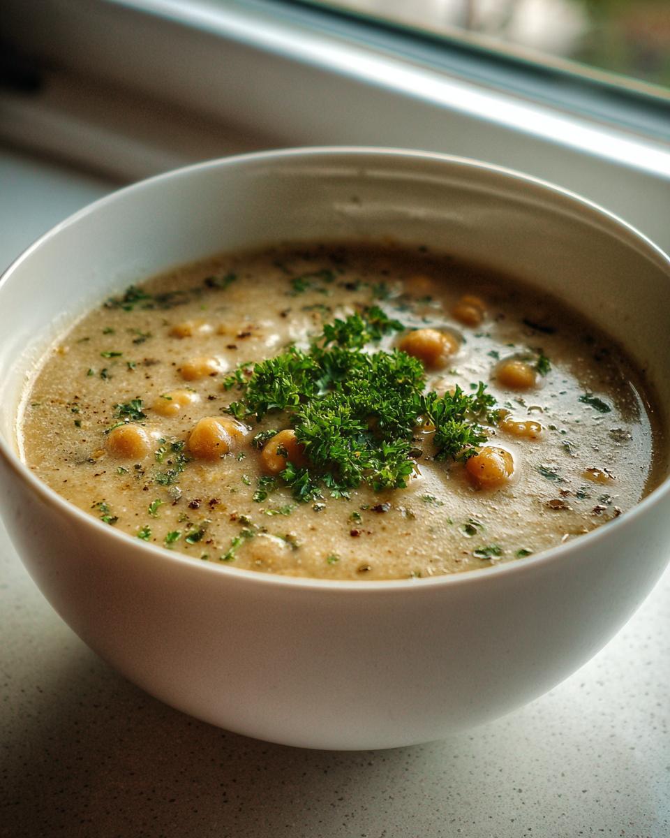 Close-up of a creamy chickpea soup in a white bowl, topped with whole chickpeas and fresh parsley.