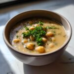Close-up of a creamy bowl of chickpea soup garnished with fresh parsley and whole chickpeas.