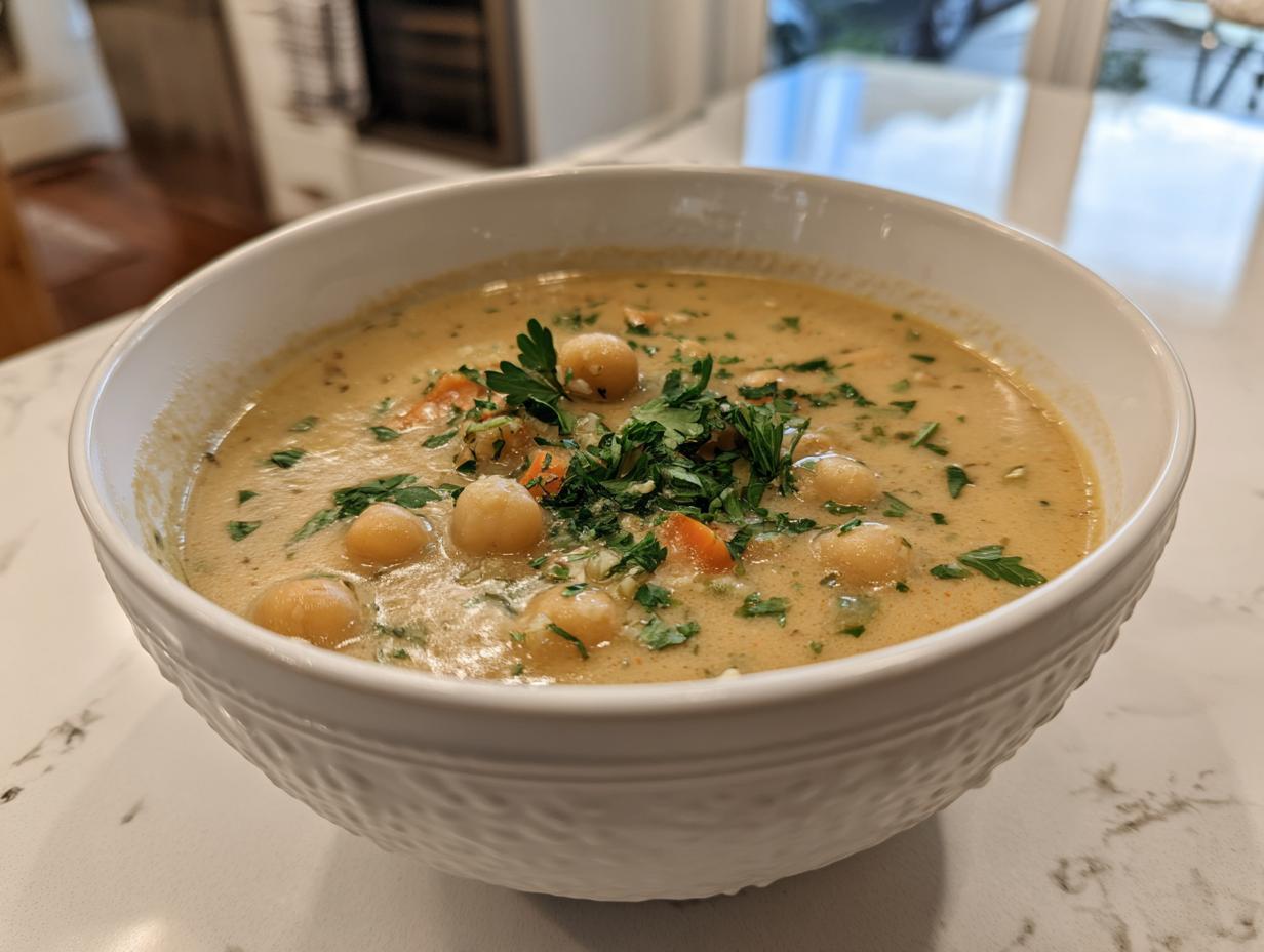 A creamy, golden bowl of chickpea soup topped with whole chickpeas, diced carrots, and fresh parsley.