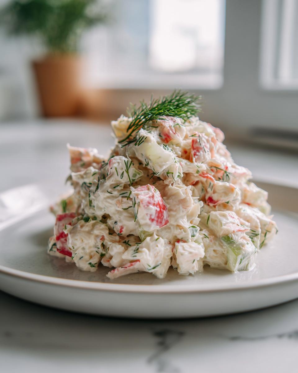 A mound of creamy crab salad mixed with celery and herbs, topped with fresh dill, served on a light plate.