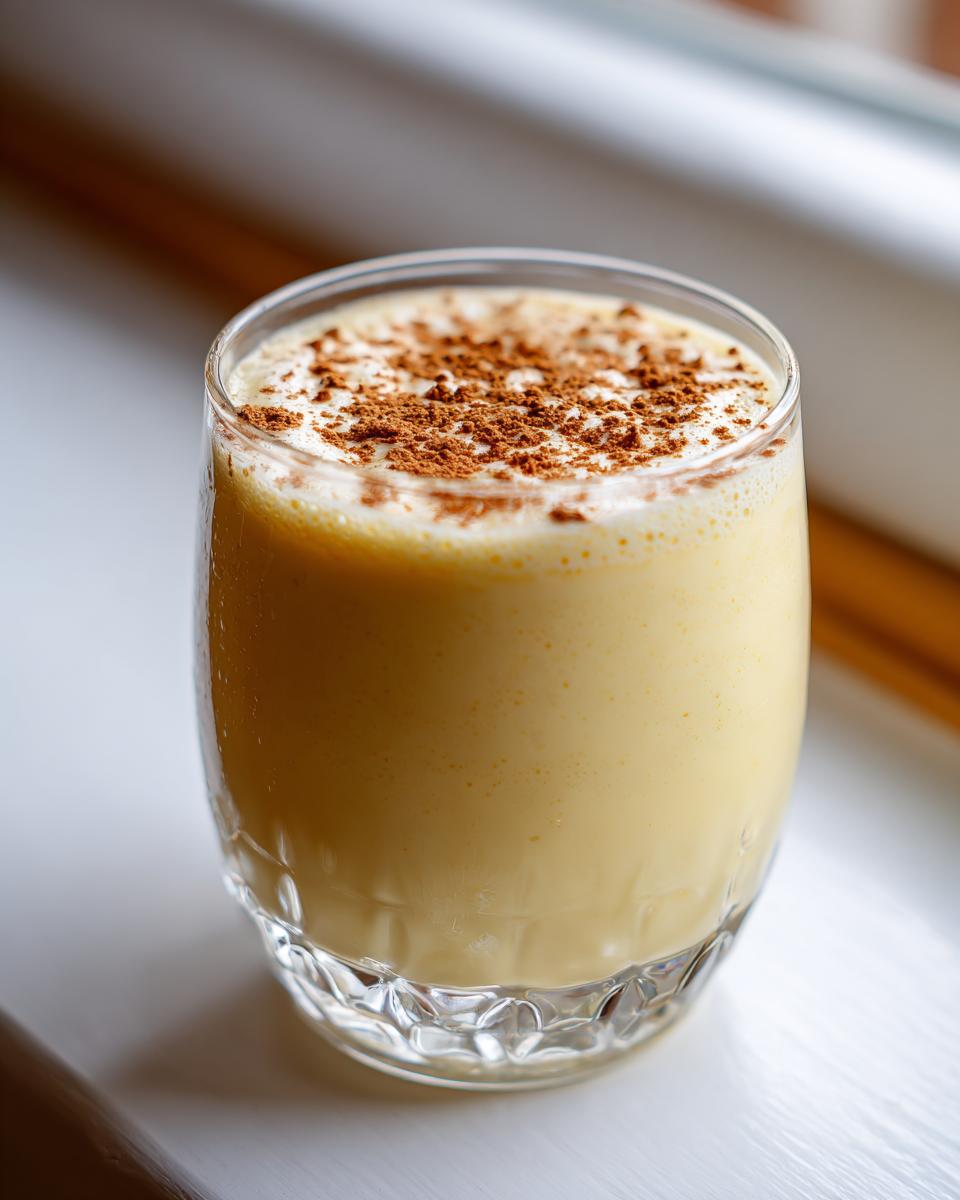 A close-up of a glass filled with creamy, yellow homemade eggnog, topped generously with ground cinnamon.