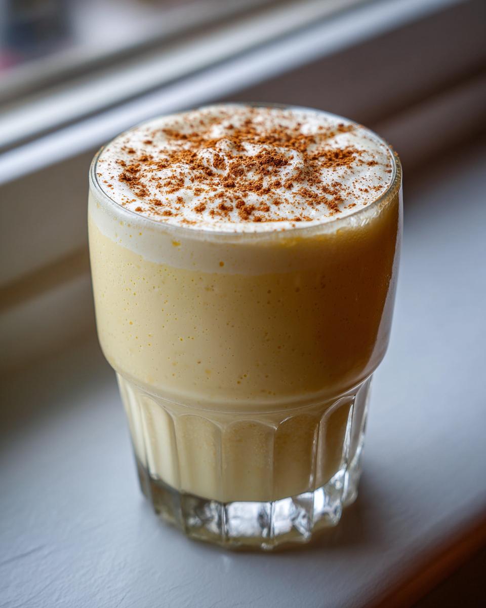 A tall glass filled with creamy, yellow homemade eggnog, topped with whipped cream and a sprinkle of cinnamon.