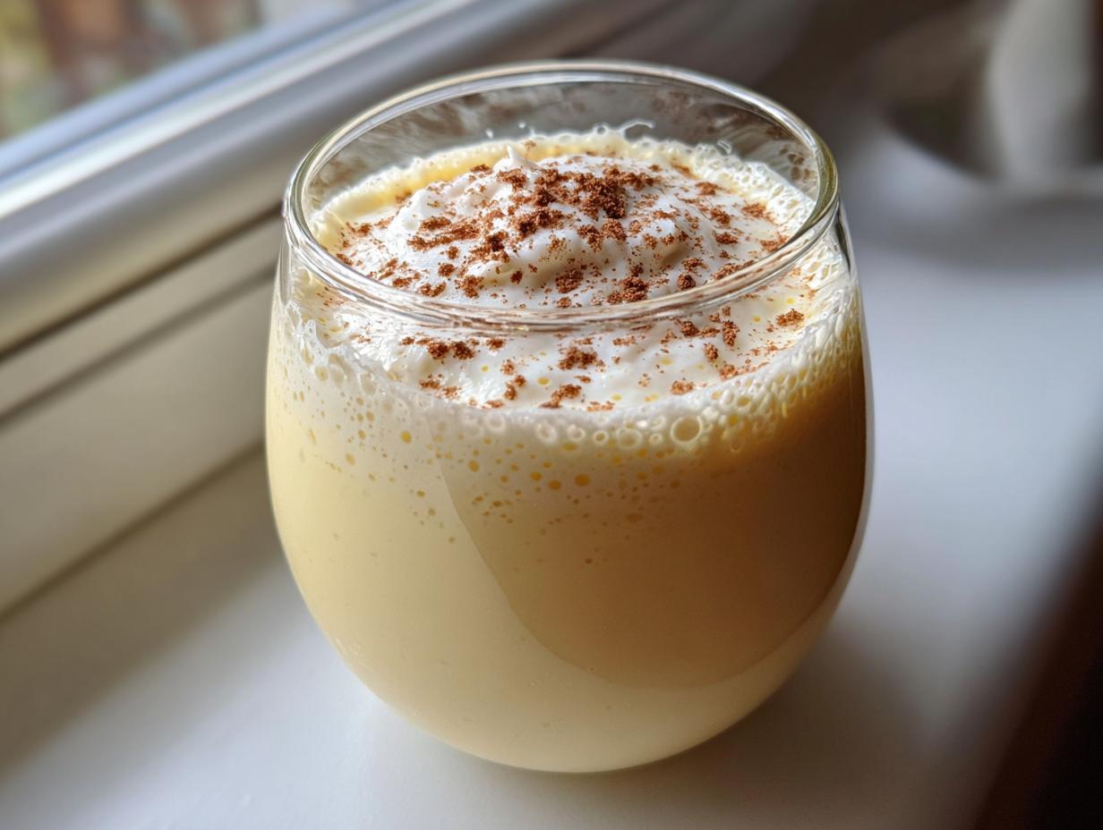 A glass of thick, creamy homemade eggnog topped with whipped cream and a dusting of cinnamon.