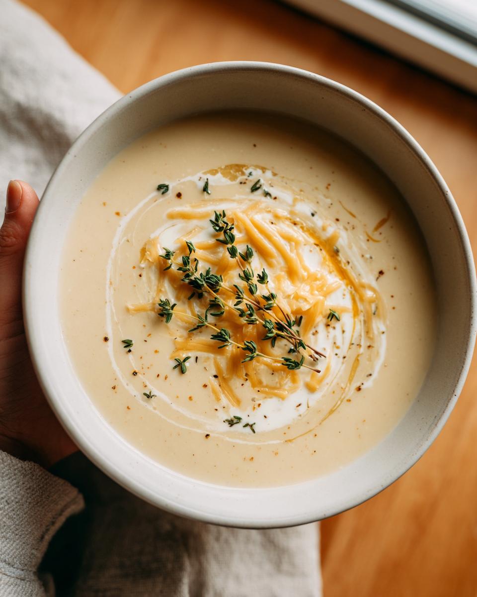 Overhead view of a bowl of creamy garlic soup, topped with shredded cheese, a swirl of cream, and fresh thyme sprigs.