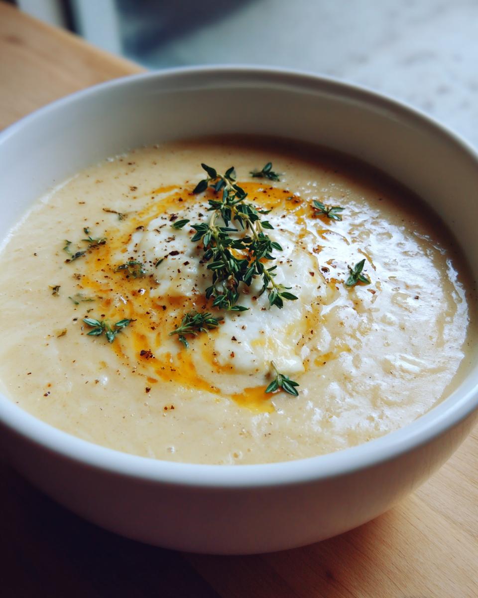 Close-up of a bowl of creamy garlic soup, garnished with a dollop of cream, spiced oil, and fresh thyme sprigs.