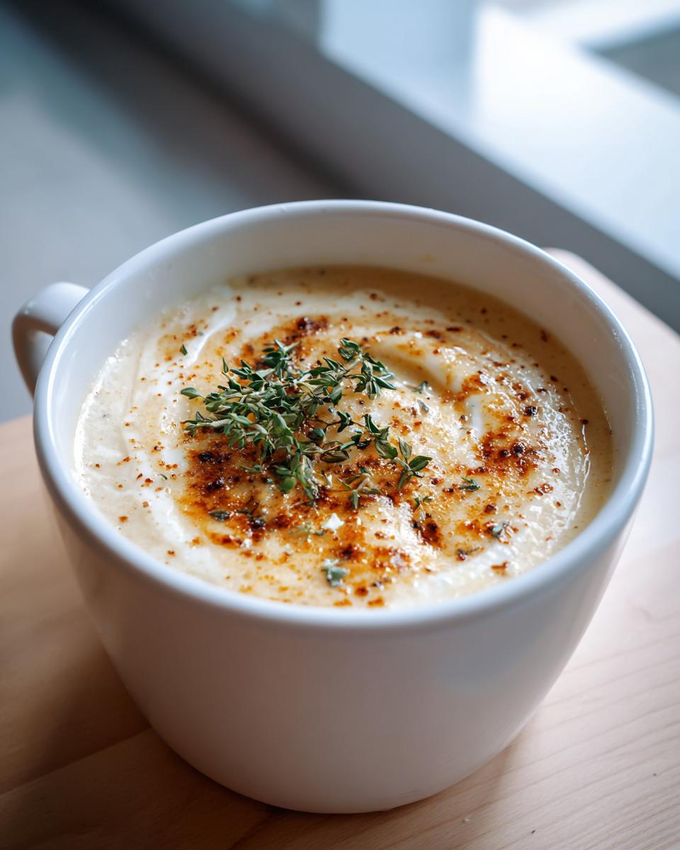 A close-up of creamy garlic soup served in a white mug, topped with fresh thyme and a sprinkle of paprika.