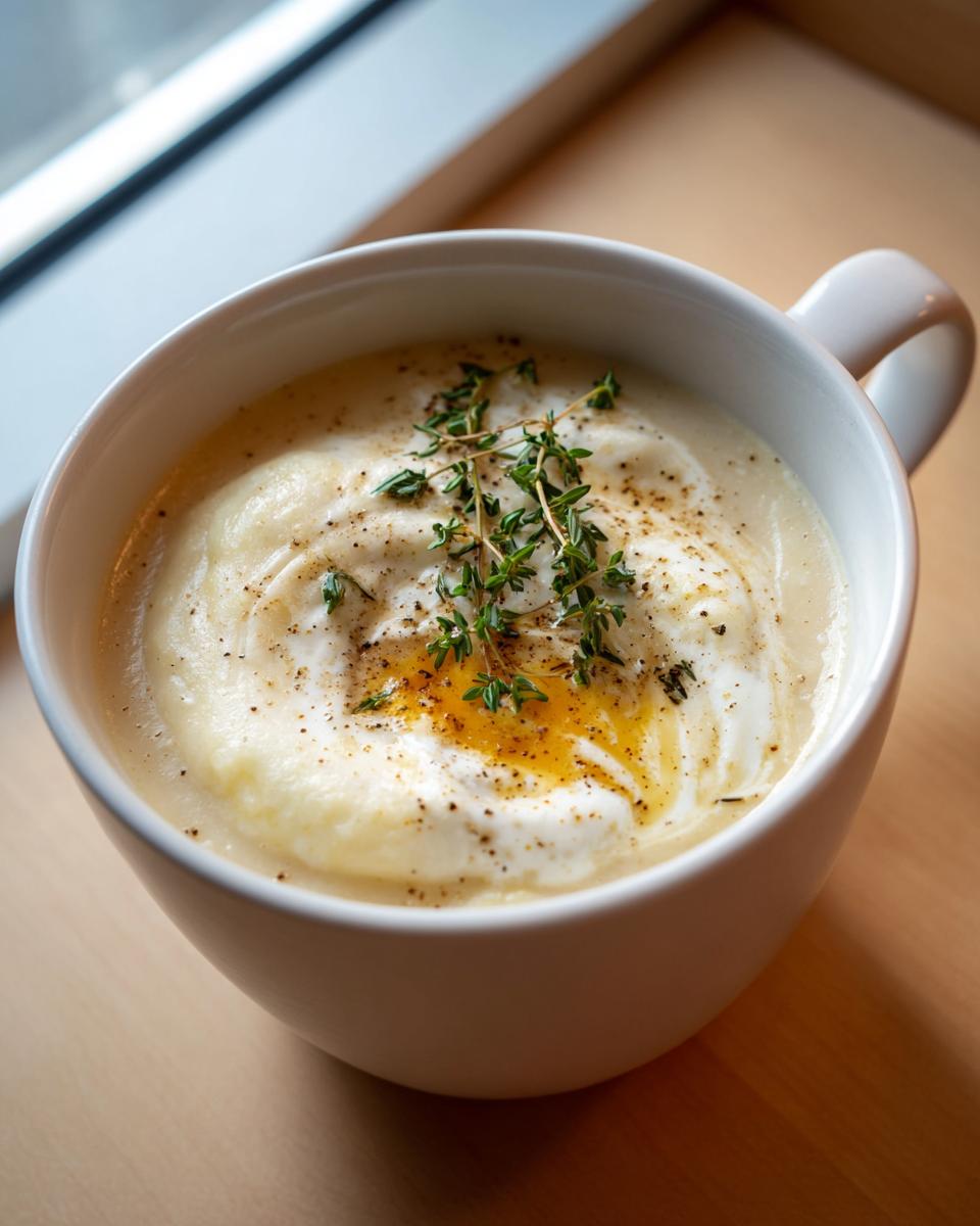 Close-up of creamy garlic soup in a white mug, topped with a swirl of cream, cracked pepper, and fresh thyme sprigs.