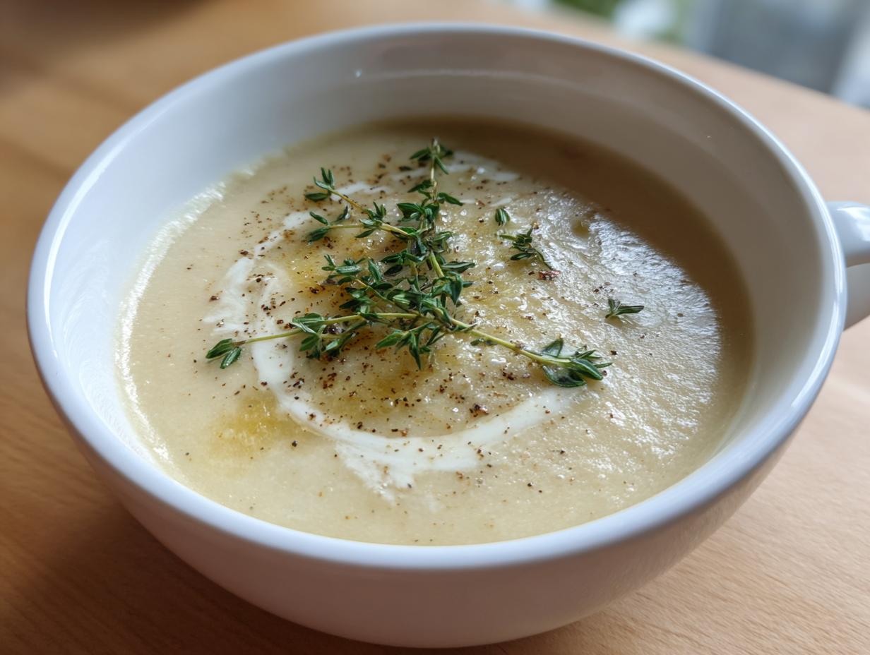 Close-up of a creamy, light-colored garlic soup garnished with fresh thyme and cracked black pepper.