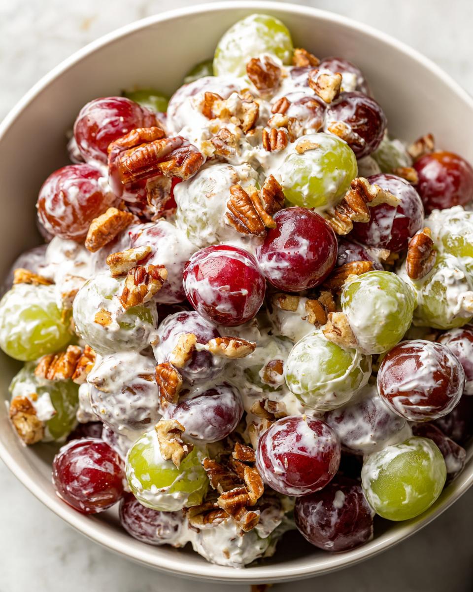 Close-up of a bowl filled with red and green grapes coated in a creamy dressing and topped with chopped pecans, resembling chicken salad chick grape salad.