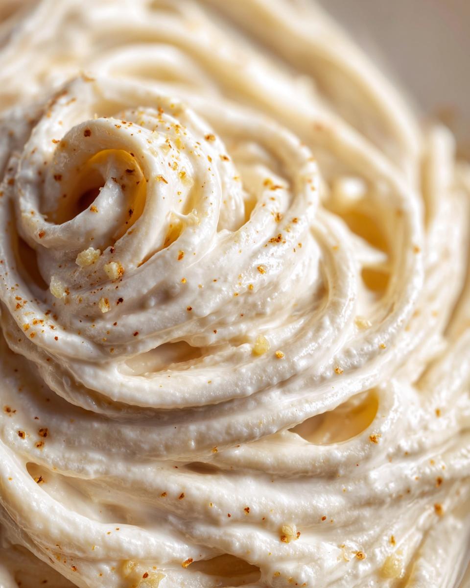 Extreme close-up of rich, creamy homemade alfredo sauce swirled and topped with spices.