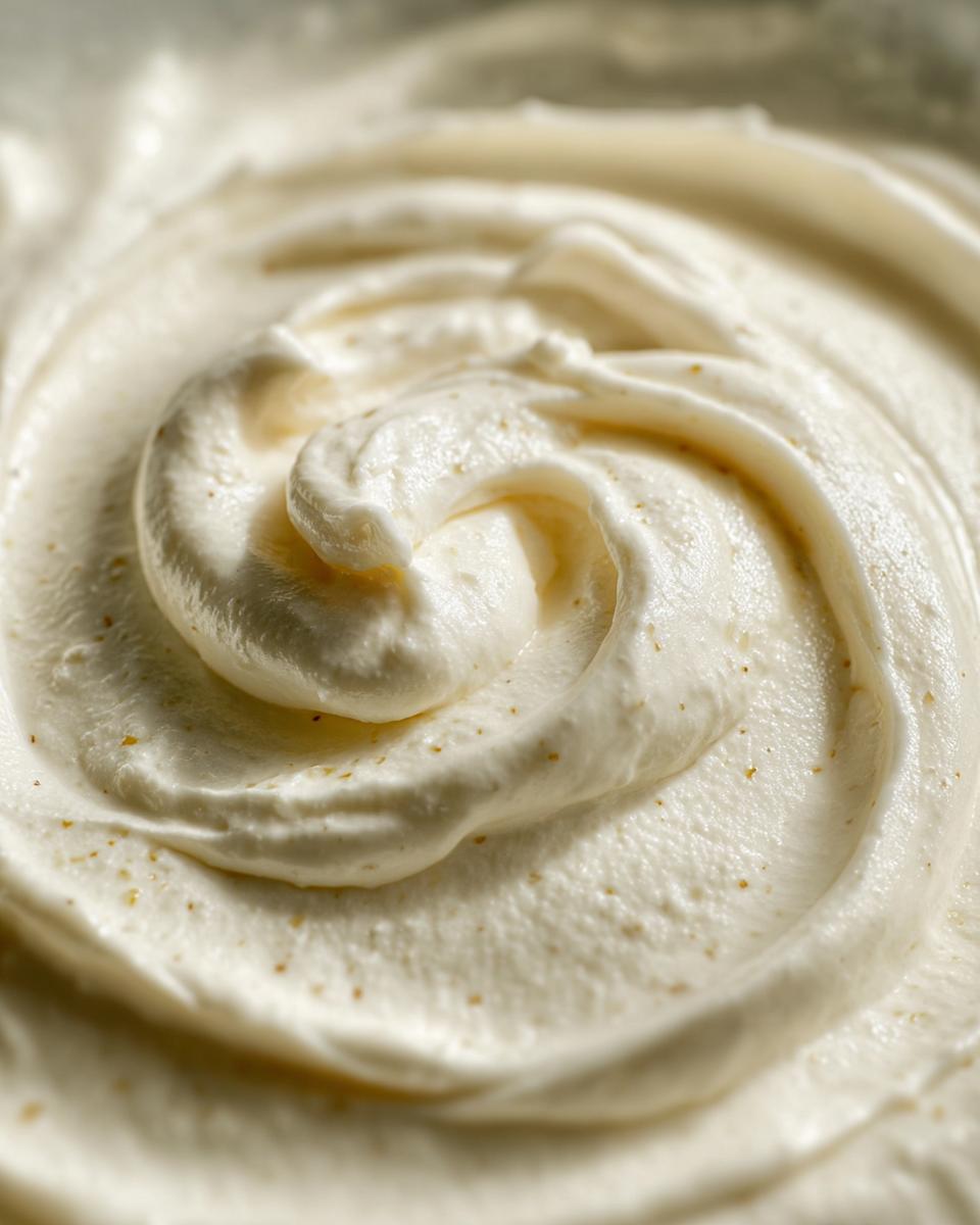 Extreme close-up of thick, creamy homemade alfredo sauce with visible flecks of seasoning swirled together.