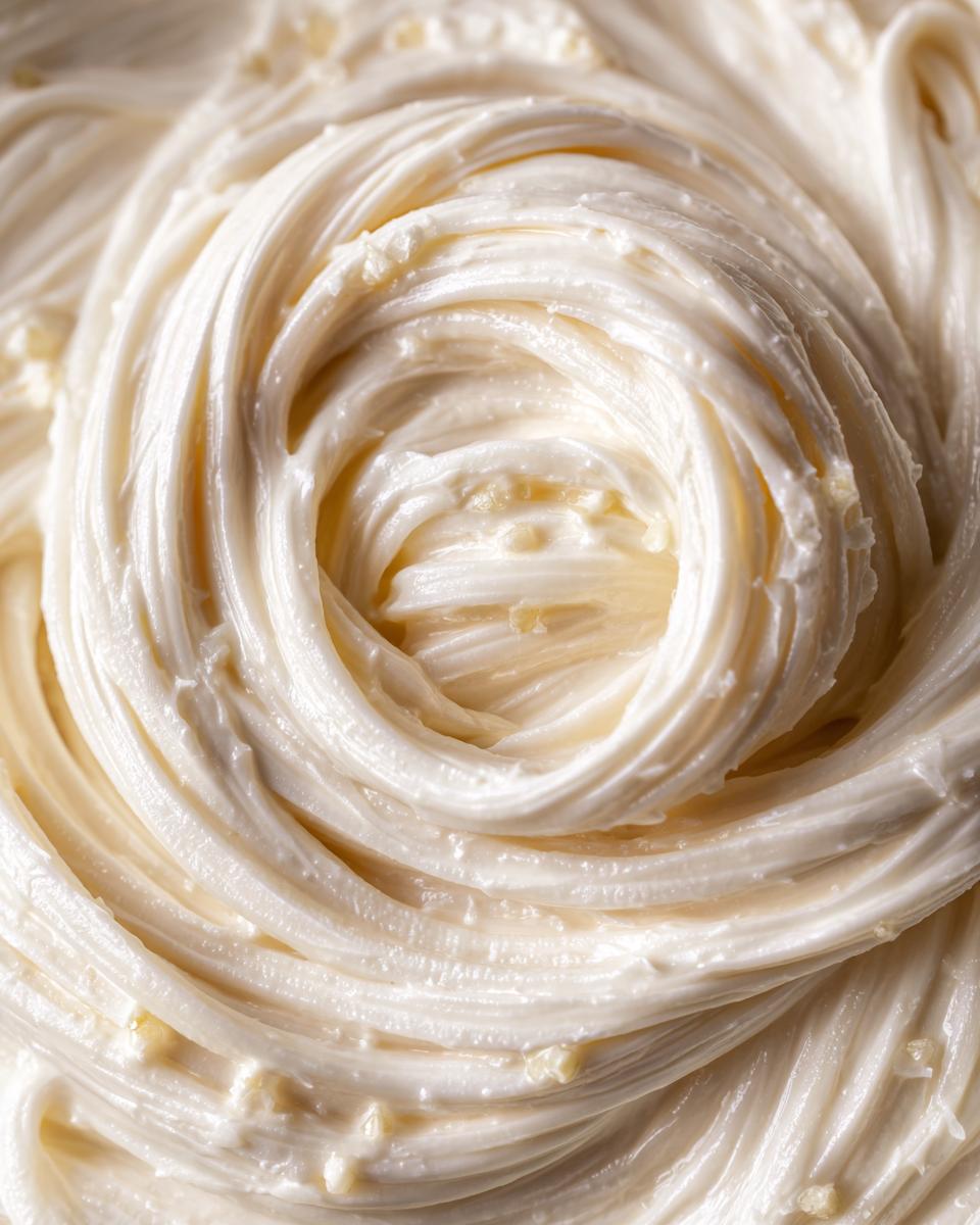 Close-up, macro shot showing the rich, swirling texture of freshly made homemade alfredo sauce.