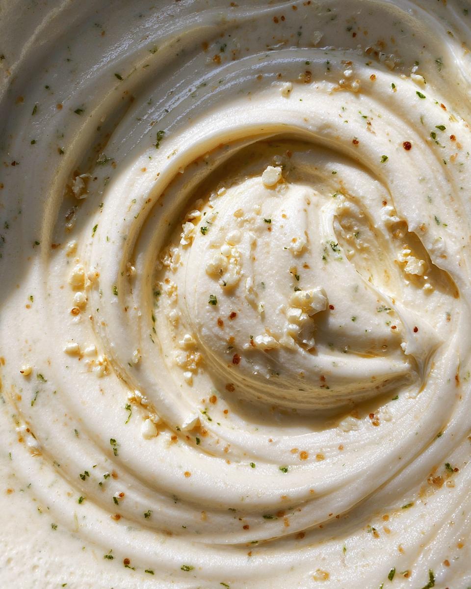 Close-up, top-down view of rich, creamy homemade alfredo sauce swirled, showing flecks of herbs and minced garlic.