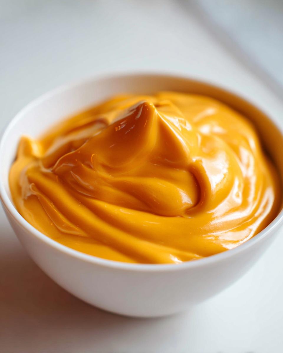 Close-up of thick, vibrant orange homemade nacho cheese sauce swirled in a small white bowl.