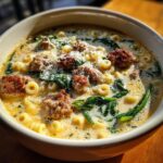 Close-up of a bowl of creamy italian sausage soup featuring sausage crumbles, ditalini pasta, and wilted spinach.