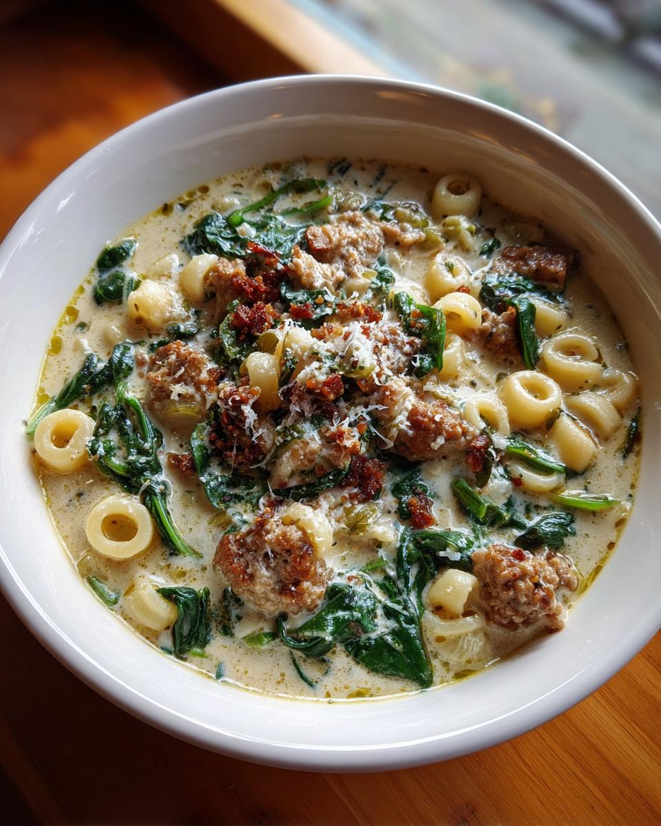 Close-up of a bowl of creamy italian sausage soup featuring sausage chunks, spinach, and small pasta shapes, topped with parmesan.