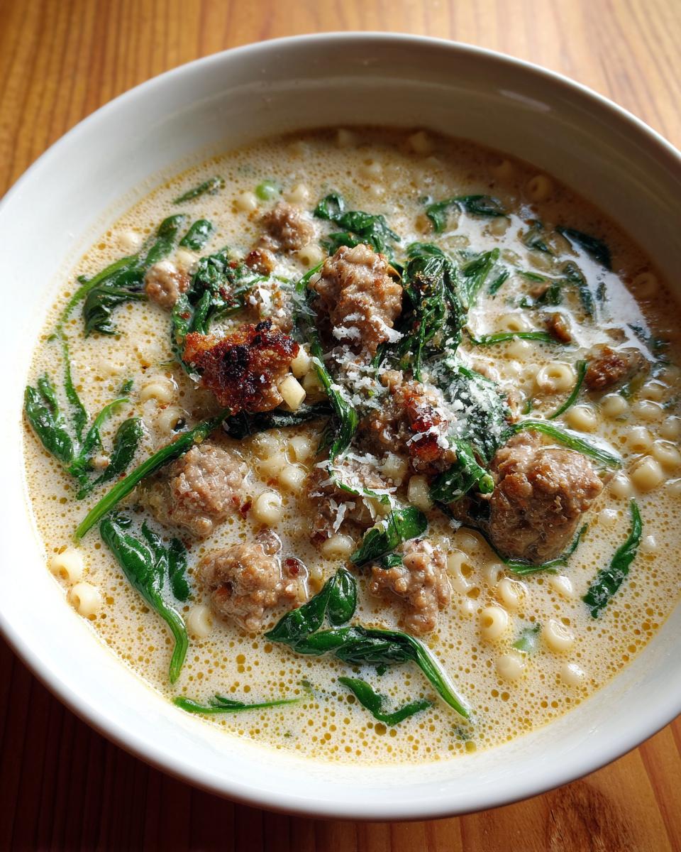 Close-up of a bowl of creamy italian sausage soup featuring crumbled sausage, small pasta, and wilted spinach, topped with Parmesan.
