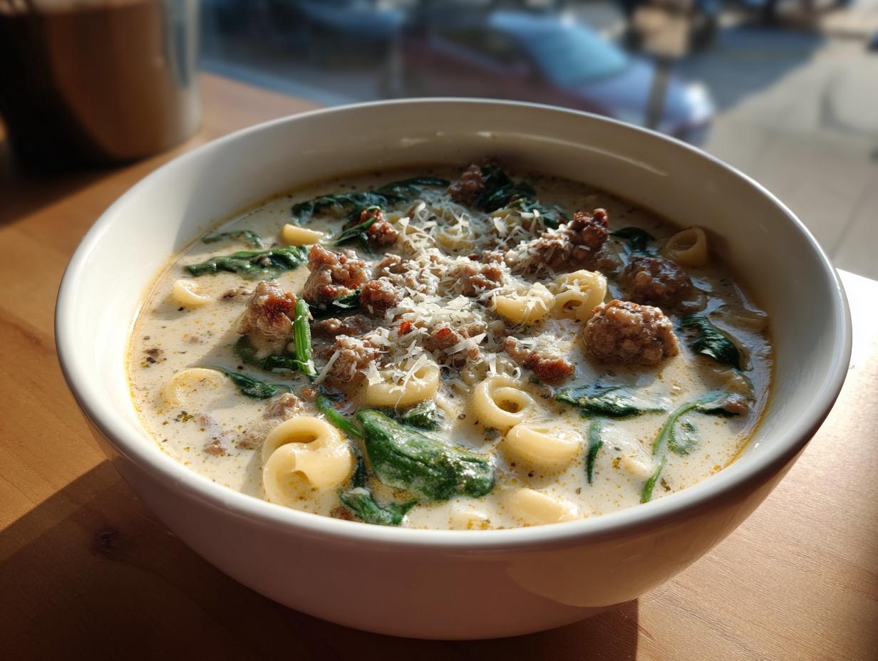 A close-up of a white bowl filled with creamy italian sausage soup, featuring sausage chunks, spinach, and small pasta, topped with Parmesan cheese.