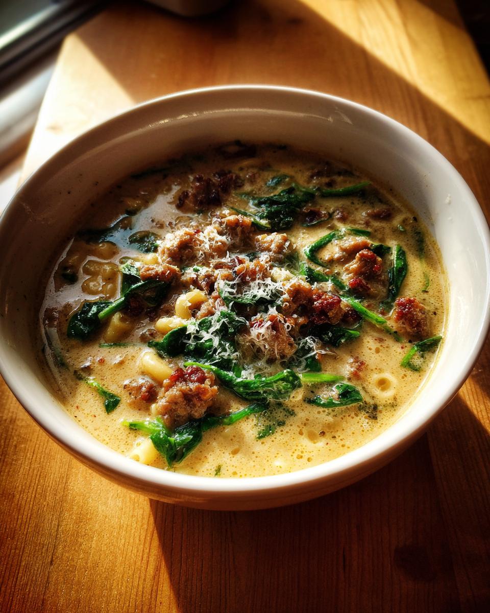 A close-up of a creamy bowl of italian sausage soup, topped with crumbled sausage, wilted spinach, and grated Parmesan cheese.