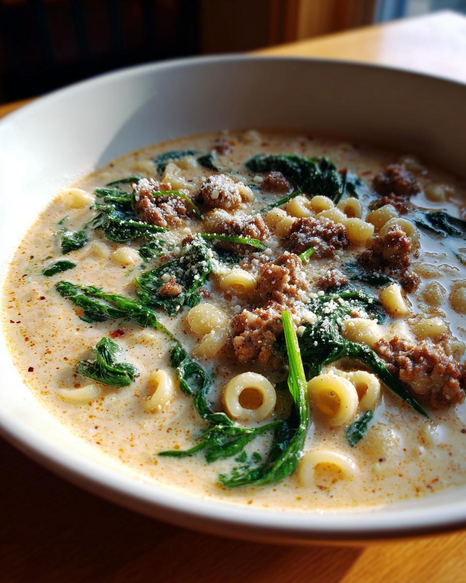 Close-up of a bowl of creamy italian sausage soup featuring ground sausage, spinach, and small ring pasta, topped with parmesan.