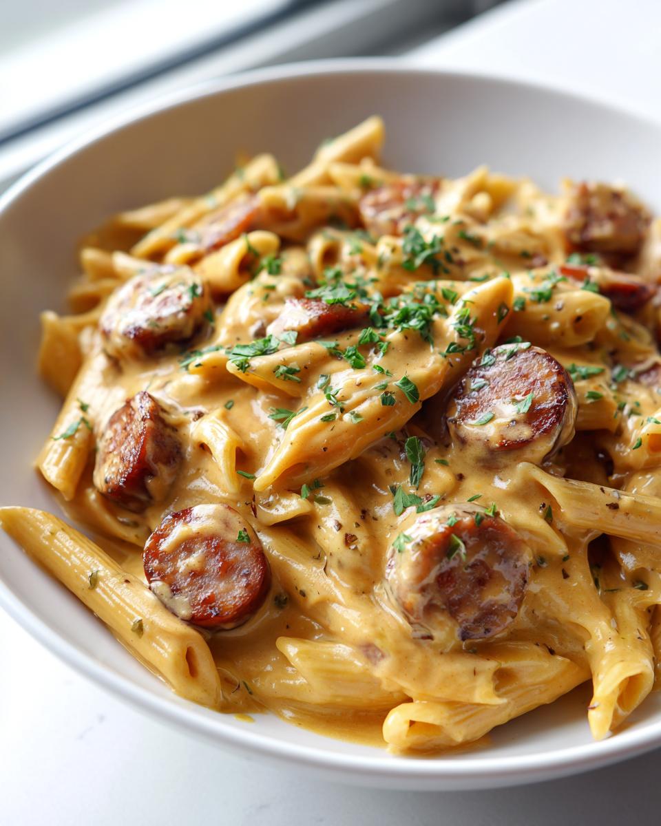 Close-up of creamy kielbasa pasta featuring penne noodles, sliced smoked sausage, and fresh parsley garnish.