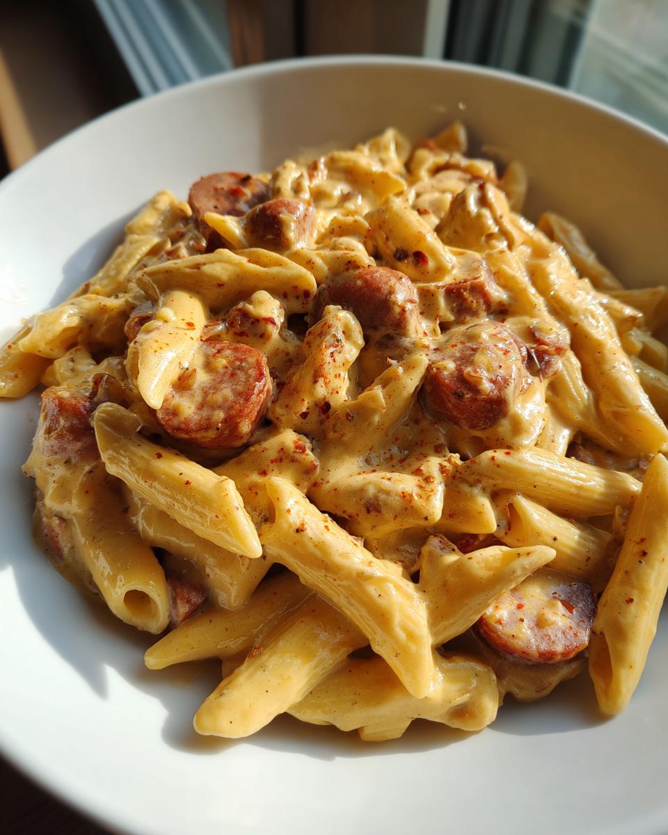 Close-up of creamy kielbasa pasta made with penne, smothered in a rich cheese sauce and topped with sliced sausage.