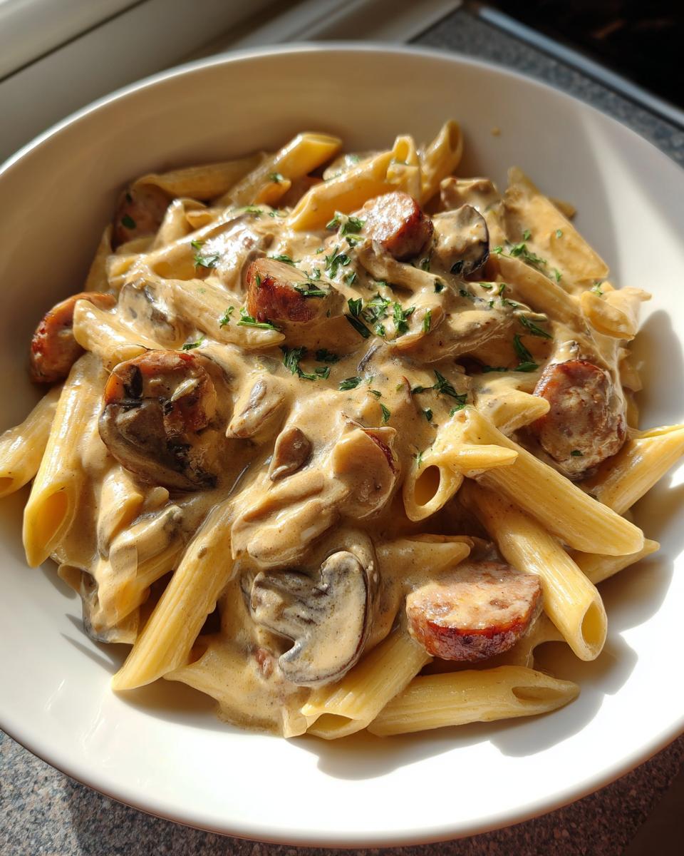Close-up of creamy kielbasa pasta made with penne, mushrooms, and a rich sauce, garnished with parsley.
