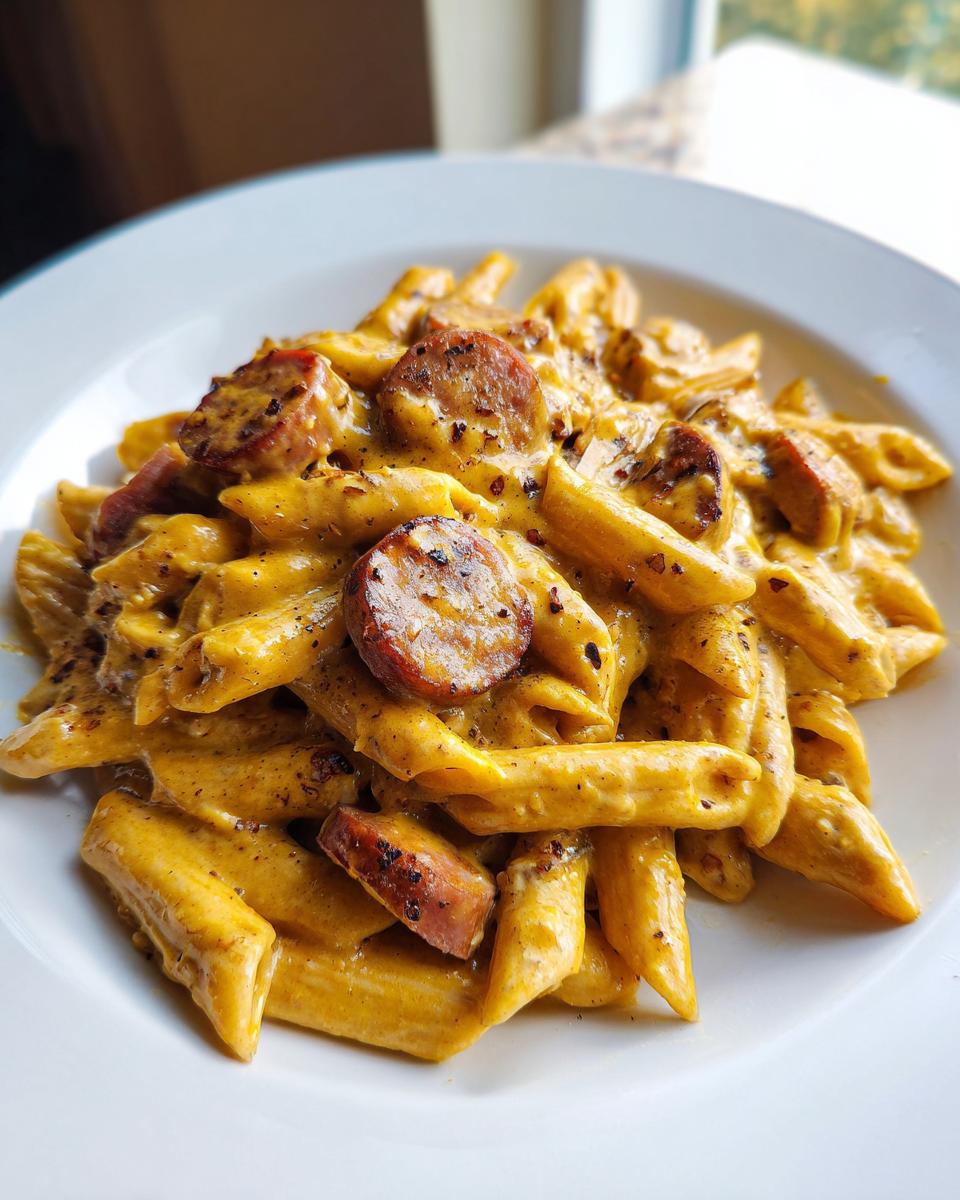 Close-up of creamy, cheesy kielbasa pasta featuring penne noodles and browned slices of kielbasa sausage.